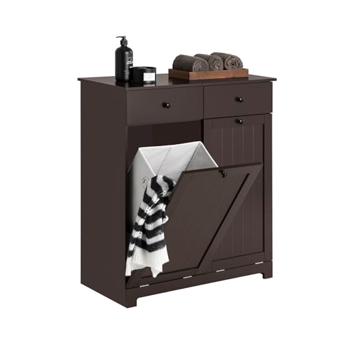 SoBuy Wäscheschrank mit 2 ausklappbaren Wäschesäcken Wäschetruhe Wäschesammler mit 2 Schubladen Wäschekorb Badschrank Badmöbel Braun BHT ca. 78x91x38cm BZR33-BR von SoBuy