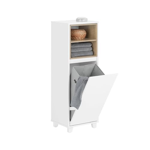 SoBuy Wäscheschrank mit ausklappbarem Wäschesack – Badezimmerschrank aus Holz mit 2 offenen Fächern & Handtuchhalter – Schmaler Wäschekorb für kleine Bäder, Weiß, 35x105x30cm BZR146-W von SoBuy