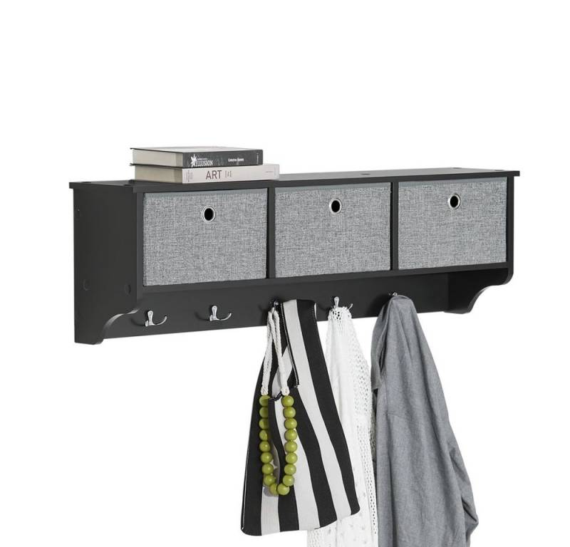 SoBuy Wandgarderobe FRG282, Wandregal, Schweberegal, Garderobenleiste, Flur, Schlafzimmer, Flurgarderobe Kleiderhaken Hängeregal mit 3 Körben, mit Haken von SoBuy