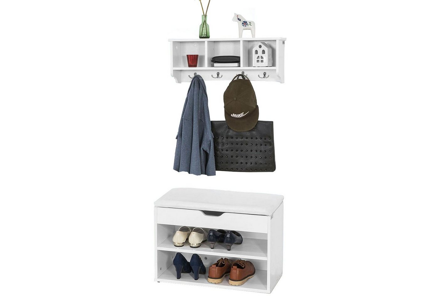 SoBuy Wandgarderobe FSR25-W+FRG48-W, Wandgarderobe-Set Flurmöbel Schuhbank mit Sitzfläche Wandgarderobe von SoBuy