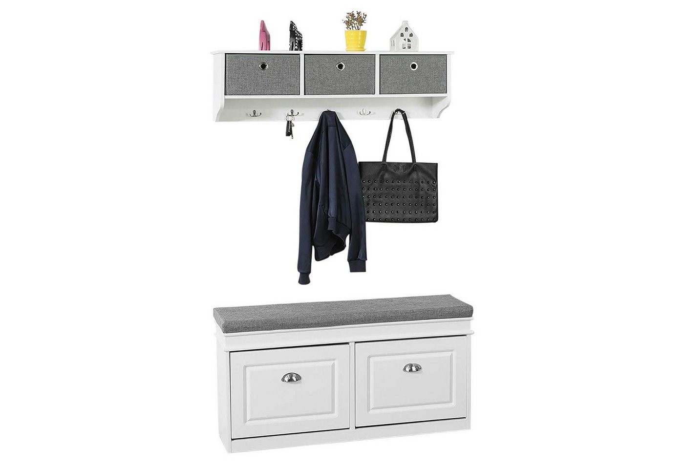 SoBuy Wandgarderobe FSR64-W+FRG282-W, Flurset Flurmöbel Schuhbank mit Sitzfläche Flurgarderobe von SoBuy