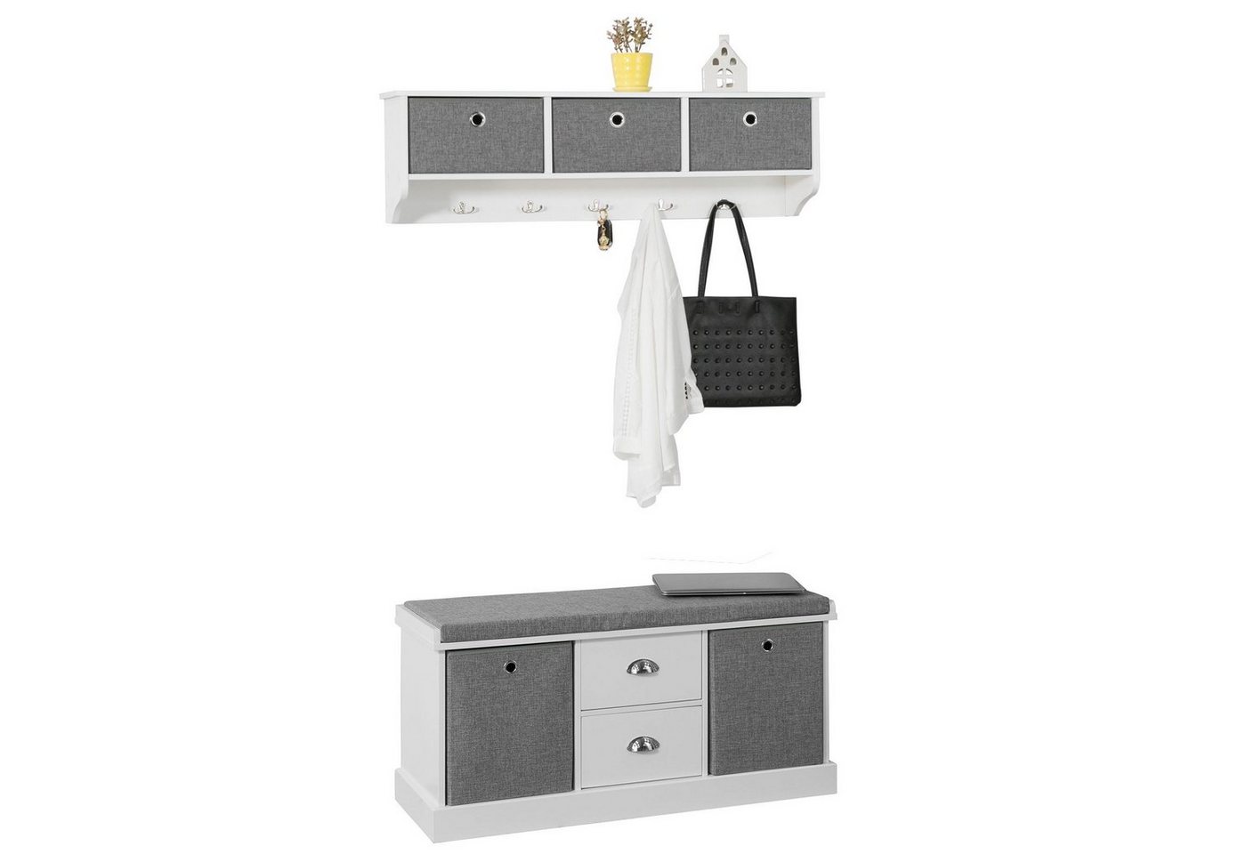 SoBuy Wandgarderobe FSR66-HG+FRG282-W, Wandgarderobe-Set Flurset Flurmöbel Schuhbank mit Sitzfläche Flurgarderobe von SoBuy