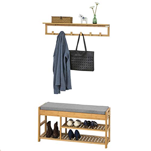 SoBuy Wandgarderobe-Set Flurset Flurmöbel Schuhbank mit Sitzfläche Flurgarderobe, Natur FSR47-N+ FHK06-N von SoBuy