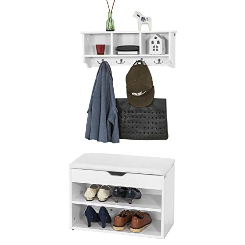 SoBuy Wandgarderobe-Set Flurset Flurmöbel Schuhbank mit Sitzfläche Wandgarderobe, weiß FSR25-W+FRG48-W von SoBuy