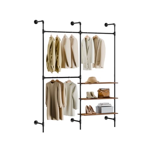 SoBuy wandmontierter Kleiderständer, festes Rohr-Kleiderregal mit 3 Kleiderstangen & 3 MDF-Ablagen, schwerlast platzsparender offener Kleiderschrank, Industrial Schwarz KLS18-SCH von SoBuy