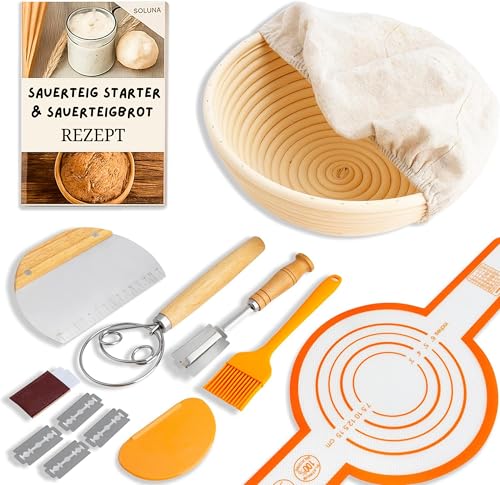 SoLuna. Gärkörbchen Sauerteig Starter Set rund (23cm) zum Brotbacken - Handgefertigter Sauerteig Gärkorb aus indonesischem Rattan (Klasse-A) mit Zubehör - Sourdough Starter Kit (Orange, 9-teilig) SoLuna. Gärkörbchen Sauerteig Starter Set rund (23cm) zum Brotbacken - Handgefertigter Sauerteig Gärkorb aus indonesischem Rattan (Klasse-A) mit Zubehör - Sourdough Starter Kit (Orange, 9-teilig) von SoLuna.