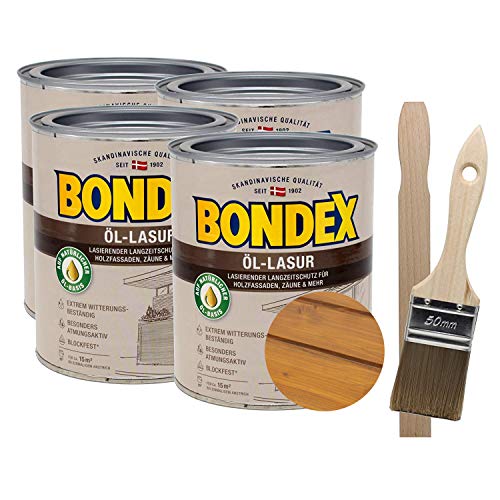 Bondex Öllasur 4 x 0,75 l premium Holzlasur aus natürlichen Ölen inkl. Pinsel und Rührholz der Langzeitschutz für Holz im Aussenbereich (kiefer) von SoPo