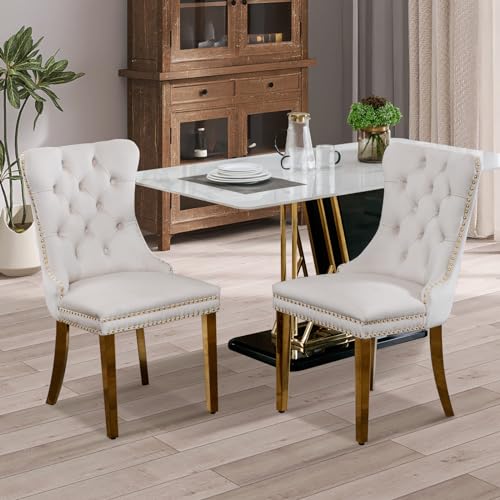 SoarFlash 2er-Set Esszimmerstühle aus Velours, capitonierte Polsterstühle mit Kupfernietenkante, Vollholzfüße mit Goldplattierung für Küche (Beige) von SoarFlash
