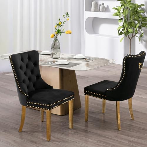 SoarFlash 2er-Set Esszimmerstühle aus Velours, capitonierte Polsterstühle mit Kupfernietenkante, Vollholzfüße mit Goldplattierung für Küche (Schwarz) von SoarFlash