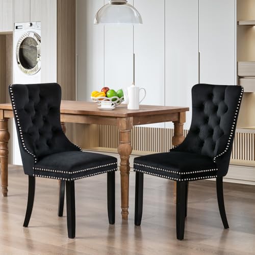 SoarFlash 2er-Set Esszimmerstühle aus Velours, mit gepolsterter Flügellehne, Knopfbesatz, Nietenbesatz, dekorativem Rückenring und Holzbeinen, Schwarz von SoarFlash