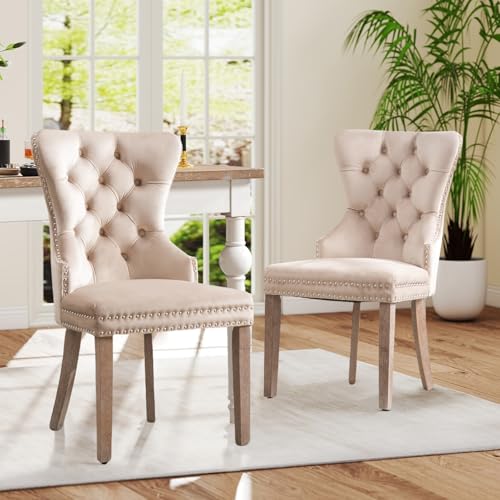 SoarFlash 2er-Set Esszimmerstühle aus Velours, mit gepolsterter Flügellehne, Knopfbesatz, Nietenbesatz, dekoriertem Ring an der Lehne sowie Holzfüßen, Beige von SoarFlash