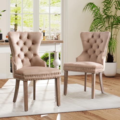 SoarFlash 2er-Set Esszimmerstühle aus Velours, mit gepolsterter Flügellehne, Knopfbesatz, Nietenbesatz, dekoriertem Ring an der Lehne sowie Holzfüßen, Khaki von SoarFlash