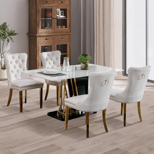 SoarFlash 4er-Set Esszimmerstühle aus Velours, Flügellehne, Knopfbesatz, Nietenbesatz, Rückenring und Füße aus vergoldetem Metall, Beige von SoarFlash
