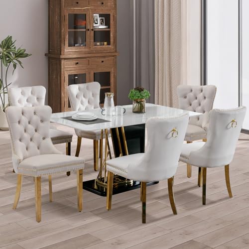 SoarFlash 6er-Set Esszimmerstühle aus Velours, Flügellehne, Knopfbesatz, Nietenbesatz, Rückenring und Füße aus vergoldetem Metall, Beige von SoarFlash
