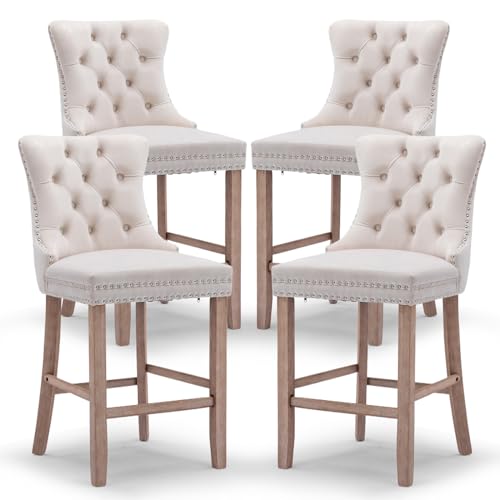 SoarFlash Moderne Barhocker aus Samt, gepolstert, mit Holzbeinen, geknöpft, Chrom-Nagelkopf, armlose Barstühle für Theke, Beige, 4 Stück von SoarFlash