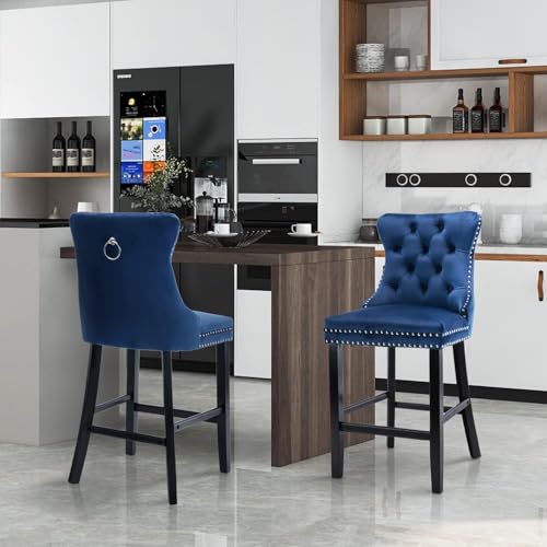 SoarFlash Set von 2 modernen Samt-Barhockern mit Holzbeinen,Knopfstichung,Chromnägeln,armleer,Thekenhocker,Blau von SoarFlash