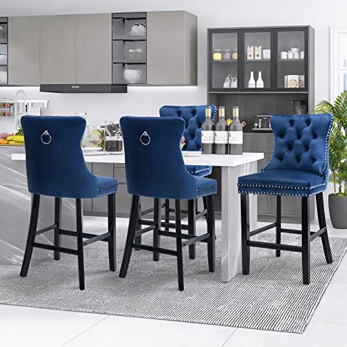 SoarFlash Set von 4 modernen Samt-Barhockern mit Holzbeinen,Knopfstichung,Chromnägeln,armlee,Thekenhocker,Blau von SoarFlash