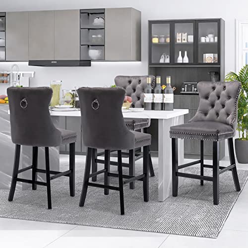 SoarFlash Set von 4 modernen Samt-Barhockern mit Holzbeinen,Knopfstichung,Chromnägeln,armlee,Thekenhocker,Grau von SoarFlash