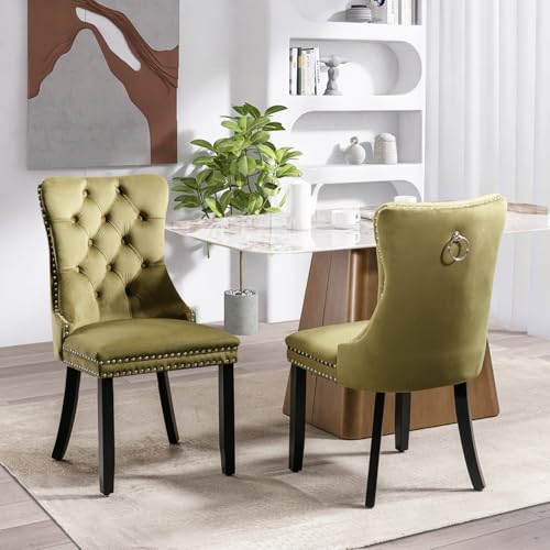 SoarFlash Samt Esszimmerstühle 2er Set, hohe Rückenlehne Seitenstühle, moderner gepolsterter High-End-getufteter Seitenstuhl mit Knopfrücken-Ring, Massivholzbeine (Olivgrün) von SoarFlash