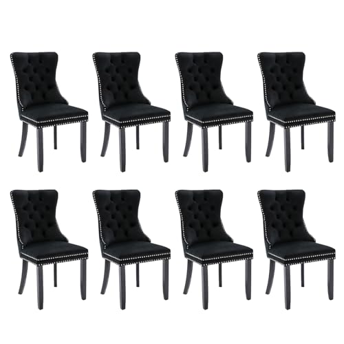 SoarFlash Samt Esszimmerstuhl 8er Set, Gepolsterter Getufteter Esszimmerstuhl mit Nagelkopfbesatz und Massivholzbein für Küche (Schwarz) von SoarFlash