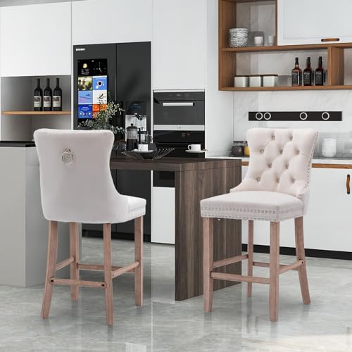 SoarFlash Set von 2 modernen Samt-Barhockern mit Holzbeinen,Knopfstichung,Chromnägeln,armleer,Thekenhocker,Beige von SoarFlash