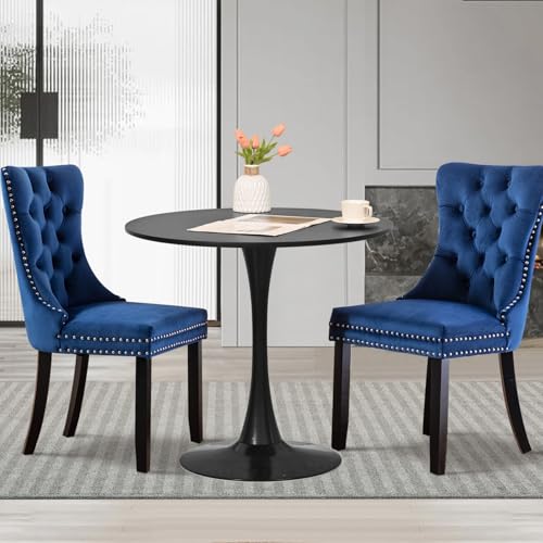 SoarTalent 3-teiliges 80 cm rundes Esstisch-Set für 2 Personen, schwarzer Esstisch und Samt-gepolsterte Esszimmerstühle, 2er-Set, für Küche, Esszimmer, Wohnung, kleiner Raum (schwarzer Tisch und blaue von SoarTalent