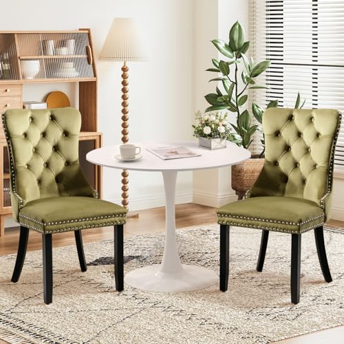 SoarTalent 3-teiliges 80 cm rundes Esstisch-Set für 2 weiße Esstische und 2 samtgepolsterte Esszimmerstühle für Küche, Esszimmer, Wohnung, kleiner Raum (weißer Tisch und olivgrüne Stühle) von SoarTalent