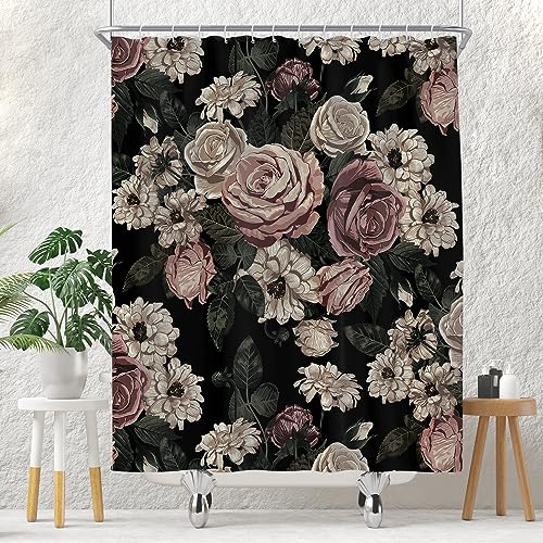 Schwarzer Duschvorhang mit Blumenmuster für Badezimmer-Set, dunkle Rosenblüte, Blume, Boho, viktorianischer Frühling, Wildblumen, Frau, Vintage-Pflanze, Badvorhang, 152,4 x 183,9 cm, dekoratives von SoarUp