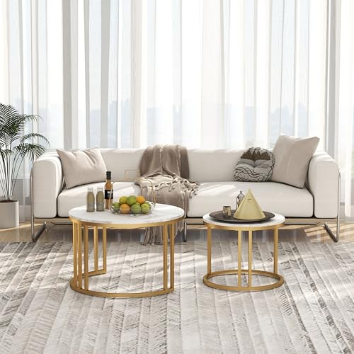 Moderne Wohnzimmertisch, Couchtisch Rund, Coffee Table mit Einem Goldenen Metallrahmen, Sofatisch Marmor Optik, Couchtisch 2er Set Moderne Wohnzimmertisch, Couchtisch Rund, Coffee Table mit Einem Goldenen Metallrahmen, Sofatisch Marmor Optik, Couchtisch 2er Set von Soayone