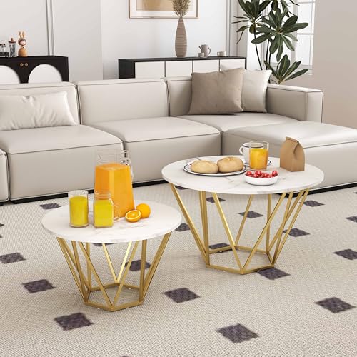 Soayone Couchtisch 2er Set,Couchtisch Rund,Wohnzimmertisch mit Goldener geometrischer Basis,Sofatisch Marmor Optik,Coffee Table Living Room Soayone Couchtisch 2er Set,Couchtisch Rund,Wohnzimmertisch mit Goldener geometrischer Basis,Sofatisch Marmor Optik,Coffee Table Living Room von Soayone