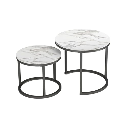 Soayone Couchtisch 2er Set Kleiner Beistelltisch Marmor Couchtisch Weiß Rund Satztische fürs Wohnzimmer von Soayone
