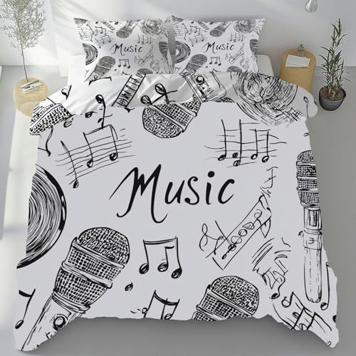 Sobhdga Bettwäsche Musik Mikrofon Bettwäsche-Sets 180x200 mit Reißverschluss, Schwarz Weiß Wendebettwäsche Sommer, Handbemalt Graffiti Bettbezug 3 Teilig mit 2 Kissenbezug 80x80 cm von Sobhdga
