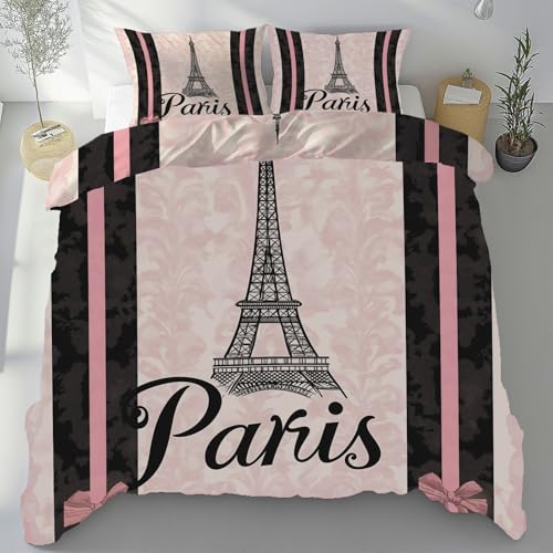 Sobhdga Bettwäsche-Sets Eiffelturm Paris Bettwäsche 200x200 Bügelfreie, Romantisch Architektur Bettbezug Mikrofaser, Gebäude Sommerbettwäsche mit 2 Kissenbezug 80x80, mit Reißverschluss von Sobhdga