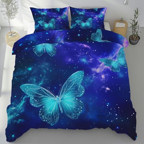 Sobhdga Bettwäsche-Sets Traumhafte Schmetterling Bettwäsche 200x200 Bügelfreie, Fantasie Sternenhimmel Bettbezug Mikrofaser, Modern 3D Sommerbettwäsche mit 2 Kissenbezug 80x80, mit Reißverschluss von Sobhdga