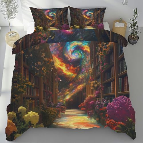 Sobhdga Bibliothek Blumenmuster Bettwäsche 155x220 Sommer 3 Teilig, Bücherregal Bücher Deckenbezug mit 2 Kissenbezug 80x80 cm, Fantasie Nebel Bettbezug Mikrofaser Weich mit Reißverschluss von Sobhdga