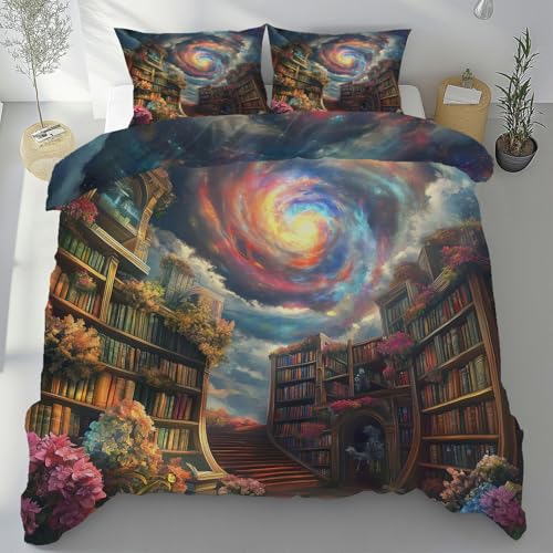 Sobhdga Bücherregal Bücher Bettwäsche 155x220 Sommer 3 Teilig, Fantasie Bibliothek Deckenbezug mit 2 Kissenbezug 80x80 cm, Universum Nebel Bettbezug Mikrofaser Weich mit Reißverschluss von Sobhdga