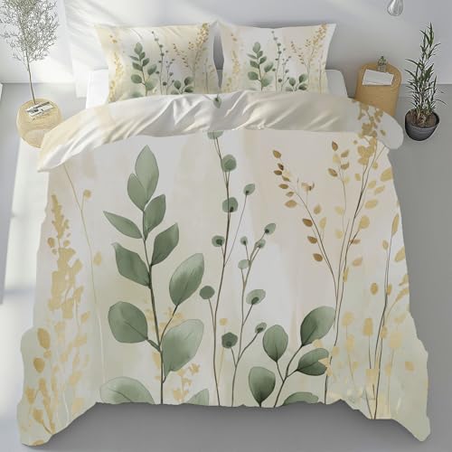 Sobhdga Eukalyptus Blätter Bettwäsche 155x220 Sommer 3 Teilig, Natur Pflanzen Deckenbezug mit 2 Kissenbezug 80x80 cm, Aquarell Botanische Bettbezug Mikrofaser Weich mit Reißverschluss von Sobhdga