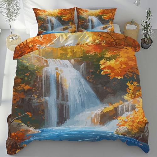Sobhdga Herbst Landschaft Bettwäsche 155x220 Sommer 3 Teilig, Ahornblatt Wasserfall Deckenbezug mit 2 Kissenbezug 80x80 cm, Natur Szenerie Bettbezug Mikrofaser Weich mit Reißverschluss von Sobhdga