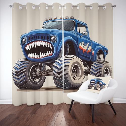 Sobhdga Karikatur LKW Vorhänge, Kinder Junge Vorhang Blickdicht, Monster Auto Gardinen für Wohnzimmer Schlafzimmer, Kälteschutz Thermovorhang mit Ösen 2er Set H 175 x B 140 cm von Sobhdga