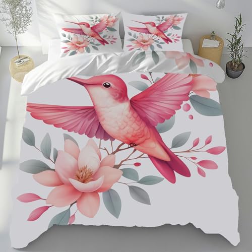 Sobhdga Kolibri Blumen Bettwäsche 155x220 Sommer 3 Teilig, Floral Pflanzen Deckenbezug mit 2 Kissenbezug 80x80 cm, Frühling Natur Bettbezug Mikrofaser Weich mit Reißverschluss von Sobhdga