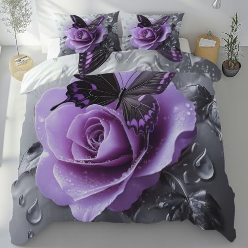 Sobhdga Lila Rose Bettwäsche 155x220 Sommer 3 Teilig, Schwarz Schmetterling Deckenbezug mit 2 Kissenbezug 80x80 cm, Modern Romantisch Bettbezug Mikrofaser Weich mit Reißverschluss von Sobhdga