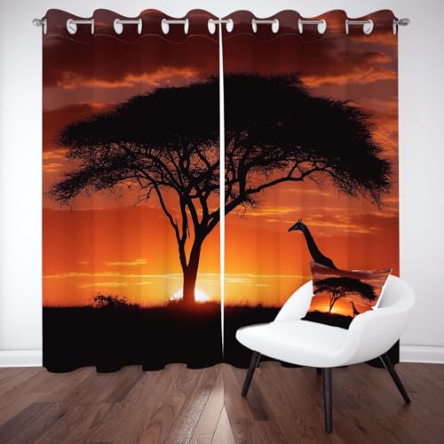 Sobhdga Sonnenuntergang Raumteiler Vorhang, Natur Landschaft Vorhänge Thermovorhang Hitzeschutz, Bäume Vögel Gardinen mit Ösen 2er Set, Vorhang für Schlafzimmer H 245 x B 70 cm von Sobhdga