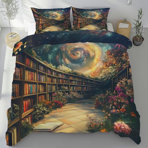 Sobhdga Traumhafte Bücherregal Bettwäsche 155x220 Sommer 3 Teilig, Bibliothek Bücher Deckenbezug mit 2 Kissenbezug 80x80 cm, Blumenmuster Nebel Bettbezug Mikrofaser Weich mit Reißverschluss von Sobhdga