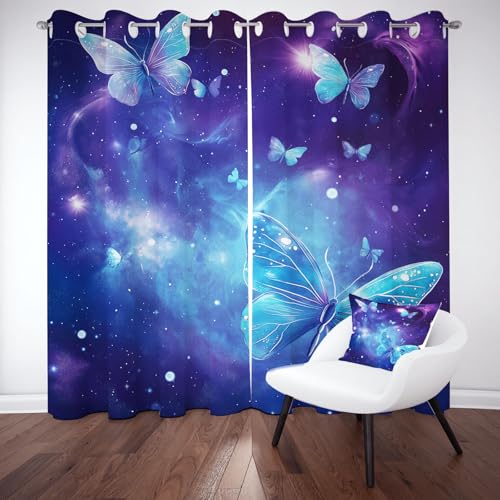 Sobhdga Verdunkelungsvorhang Blau Schmetterling Vorhänge 175x140, Fantasie Sternenhimmel Vorhang Blickdicht, Modern Traumhafte Thermovorhang Sonnenschutz, Gardinen mit Ösen 2er Set, für Wohnzimmer Sobhdga Verdunkelungsvorhang Blau Schmetterling Vorhänge 175x140, Fantasie Sternenhimmel Vorhang Blickdicht, Modern Traumhafte Thermovorhang Sonnenschutz, Gardinen mit Ösen 2er Set, für Wohnzimmer von Sobhdga