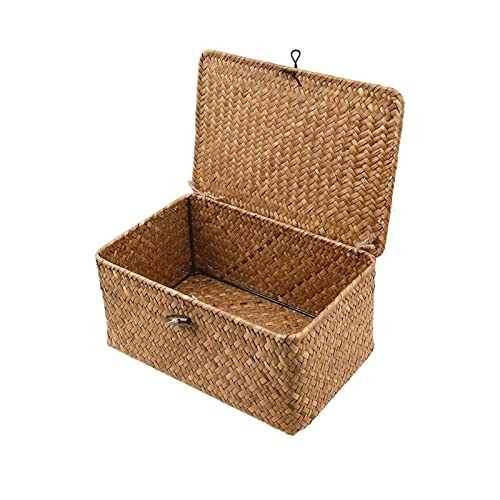 Sobotoo Aufbewahrungsbox aus Korbgeflecht mit Deckel, natürliche handgewebte Rattan-Aufbewahrungsbox, rechteckige Haushalts-Organizer-Boxen, Regal, Kleiderschrank, Organizer (XXL) von Sobotoo