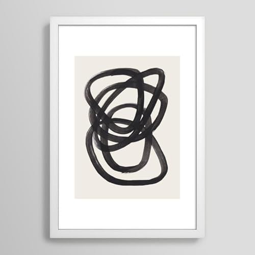 Society6 Enshape-Gerahmter Kunstdruck Mitte des Jahrhunderts, modern, minimalistisch, abstrakt, Pinselstriche, Schwarz-Weiß-Tinte, Spiralkreise (modernes Weiß, klein, 33 x 48 - 38 x 53 cm) von Society6
