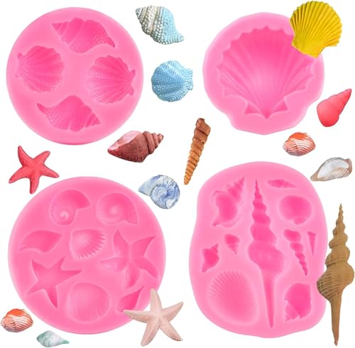 Socluer 3D Ozean Tier Silikon Backformen, 4 Stück Muschel Seestern Tortendeko Formen, DIY Meerjungfrau Fondant Form für Kuchen, Cupcakes, Muffins von Socluer