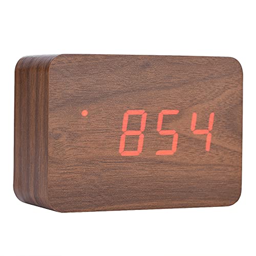 Socobeta Wecker Digitaluhr Elektronische Holzuhr aus Holz mit LED-Temperaturanzeige Nachttischuhr mit Klangregelung(Braunes Holz + rotes Licht) von Socobeta