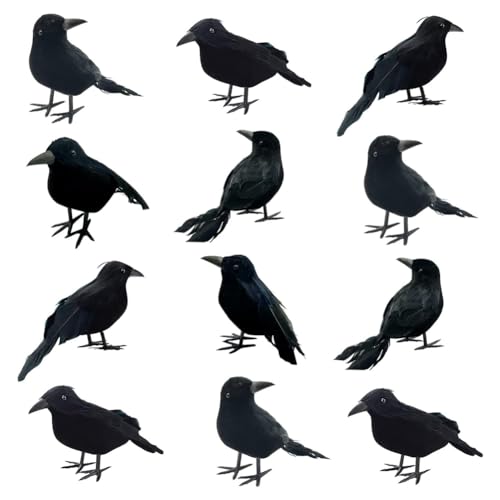 Socueny 12-Teilige Schwarze Krähen für Halloween, Gefiederte Krähen, Realistisch Aussehende, Handgefertigte Gefiederte Krähen, 3 Stile von Socueny