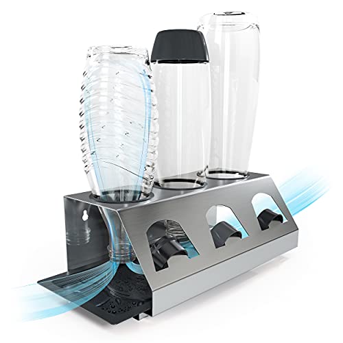 SodaClean® Premium Abtropfhalter aus Edelstahl mit Abtropfwanne - für SodaStream und Emil Flaschen | spülmaschinenfest Abtropfständer Abtropfgestell inkl. Deckelhalterung | Crystal Easy Power (3er) von SODACLEAN